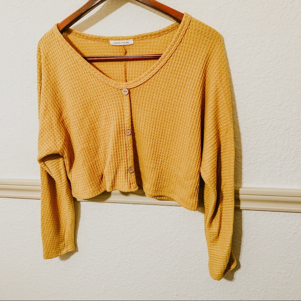 Mustard Long Sleeve Waffle Crop Top